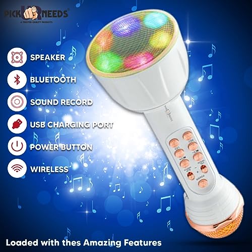 Pick Ur Needs Karaoke Mic with Led Light Wireless Bluetooth Microphone Connection Player Speaker 2-in1 with Recording + USB+FM (White) - Image 4