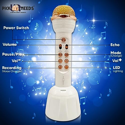 Pick Ur Needs Karaoke Mic with Led Light Wireless Bluetooth Microphone Connection Player Speaker 2-in1 with Recording + USB+FM (White) - Image 5