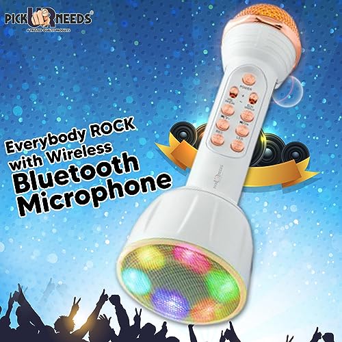Pick Ur Needs Karaoke Mic with Led Light Wireless Bluetooth Microphone Connection Player Speaker 2-in1 with Recording + USB+FM (White) - Image 2