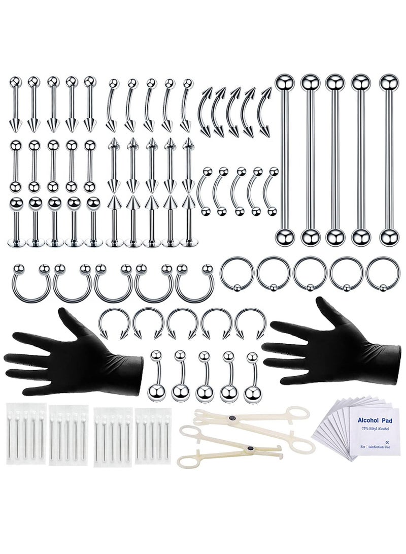 XiuWoo Piercing Kit 14G, 100Pcs 16G Nose Septum Rings Jewelry for Ear Lip Belly Button Tongue Tragus Cartilage Body Tools with Needle Silver - Image 1