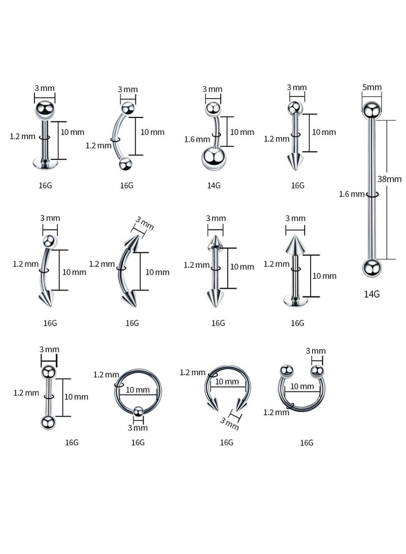 XiuWoo Piercing Kit 14G, 100Pcs 16G Nose Septum Rings Jewelry for Ear Lip Belly Button Tongue Tragus Cartilage Body Tools with Needle Silver - Image 5