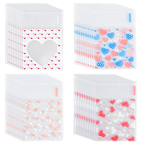 Bskifnn 400PCS Valentine Cellophane Bags Love Heart Printed Self Adhesive Cookie Treat Bags Gift Bags for Valentine's Day Party Supplies 4 Styles Valentine's Day Mother's Day - Image 1
