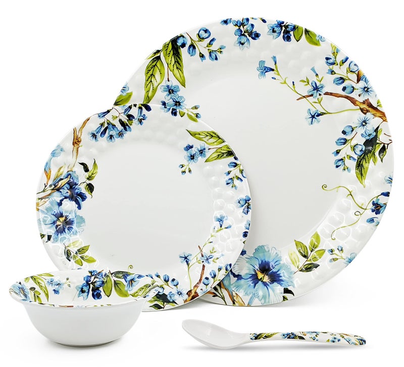 Konvio Floral Design Melamine Unbreakable Dinner Set Collection Plates, Bowls and Spoons (34 Pieces, Blue Floral Design) - Image 2