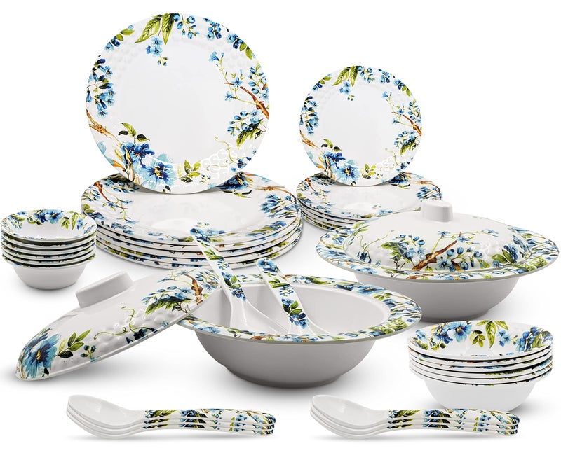 Konvio Floral Design Melamine Unbreakable Dinner Set Collection Plates, Bowls and Spoons (34 Pieces, Blue Floral Design) - Image 1