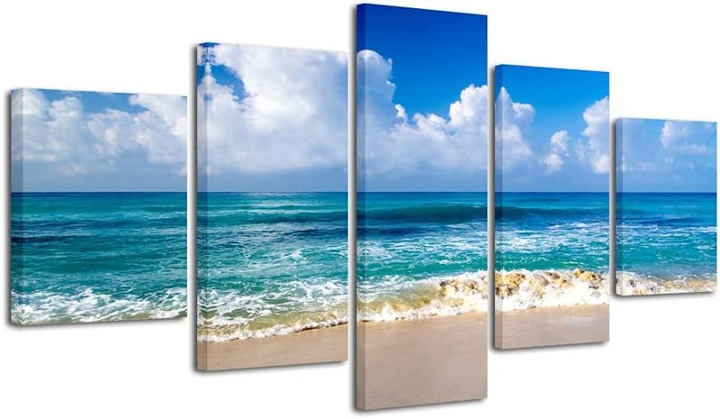 Pyradecor Seaside Large Modern Seascape 5 panels Canvas Prints Landscape Pictures Paintings on Canvas Wall Art Ready to Hang for Living Room Bedroom Home Decorations L - Image 1