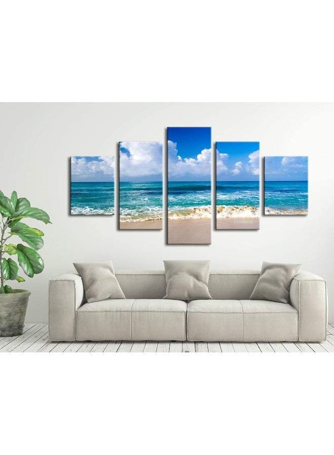 Pyradecor Seaside Large Modern Seascape 5 panels Canvas Prints Landscape Pictures Paintings on Canvas Wall Art Ready to Hang for Living Room Bedroom Home Decorations L - Image 3