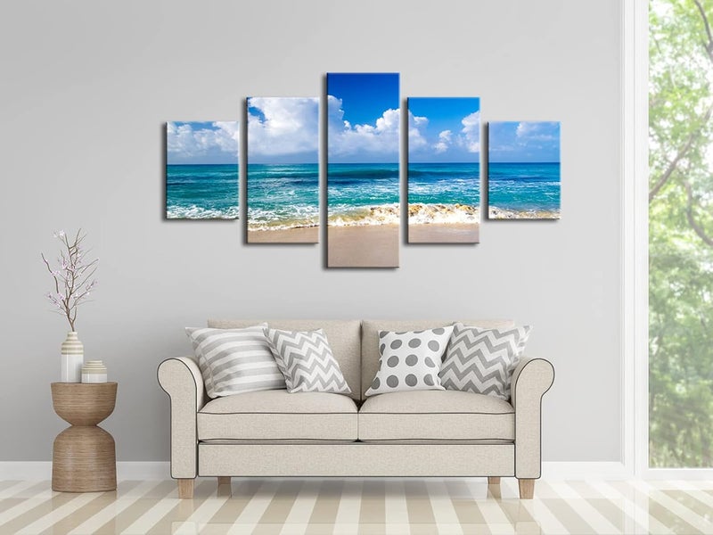 Pyradecor Seaside Large Modern Seascape 5 panels Canvas Prints Landscape Pictures Paintings on Canvas Wall Art Ready to Hang for Living Room Bedroom Home Decorations L - Image 2