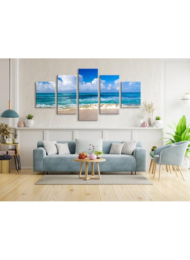 Pyradecor Seaside Large Modern Seascape 5 panels Canvas Prints Landscape Pictures Paintings on Canvas Wall Art Ready to Hang for Living Room Bedroom Home Decorations L - Image 4