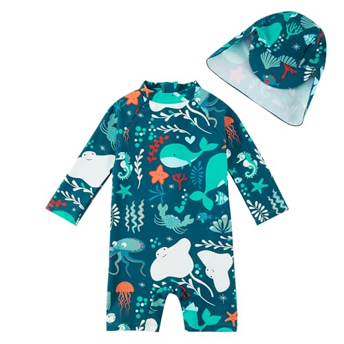 upandfast Toddler Boy Swimsuit UPF 50+ Sun Protection Baby Boys' Swimwear One Piece Bathing Suit with Sun Hat (Green Whale, 18-24 Months) - Image 1