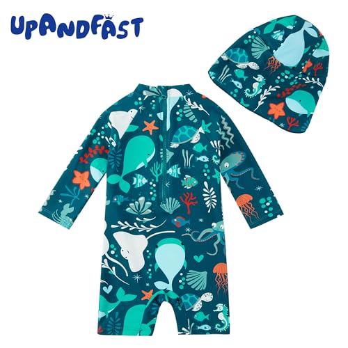 upandfast Toddler Boy Swimsuit UPF 50+ Sun Protection Baby Boys' Swimwear One Piece Bathing Suit with Sun Hat (Green Whale, 18-24 Months) - Image 3