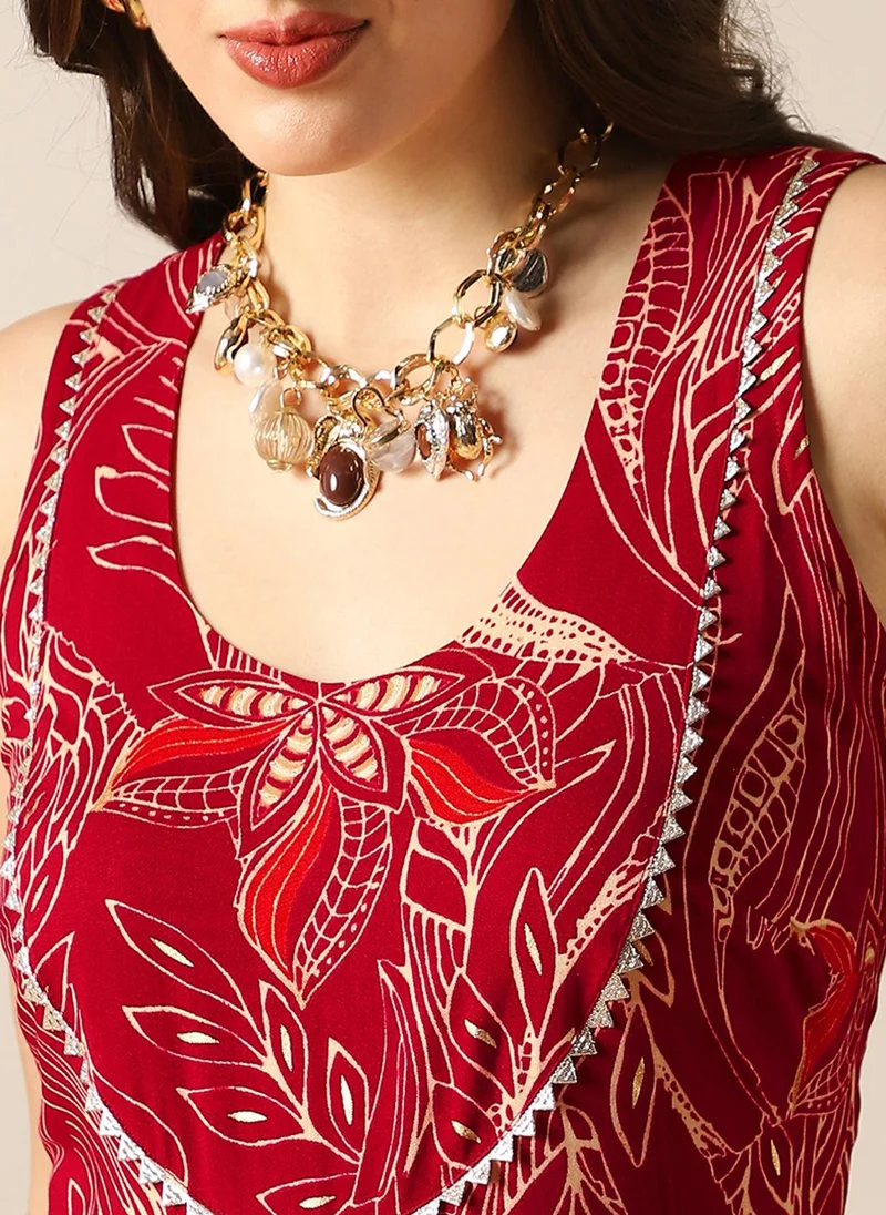 globus Globus Women Maroon Ethnic Print Round Neck Lace Detail Flared Wide Leg Fusion Jumpsuit