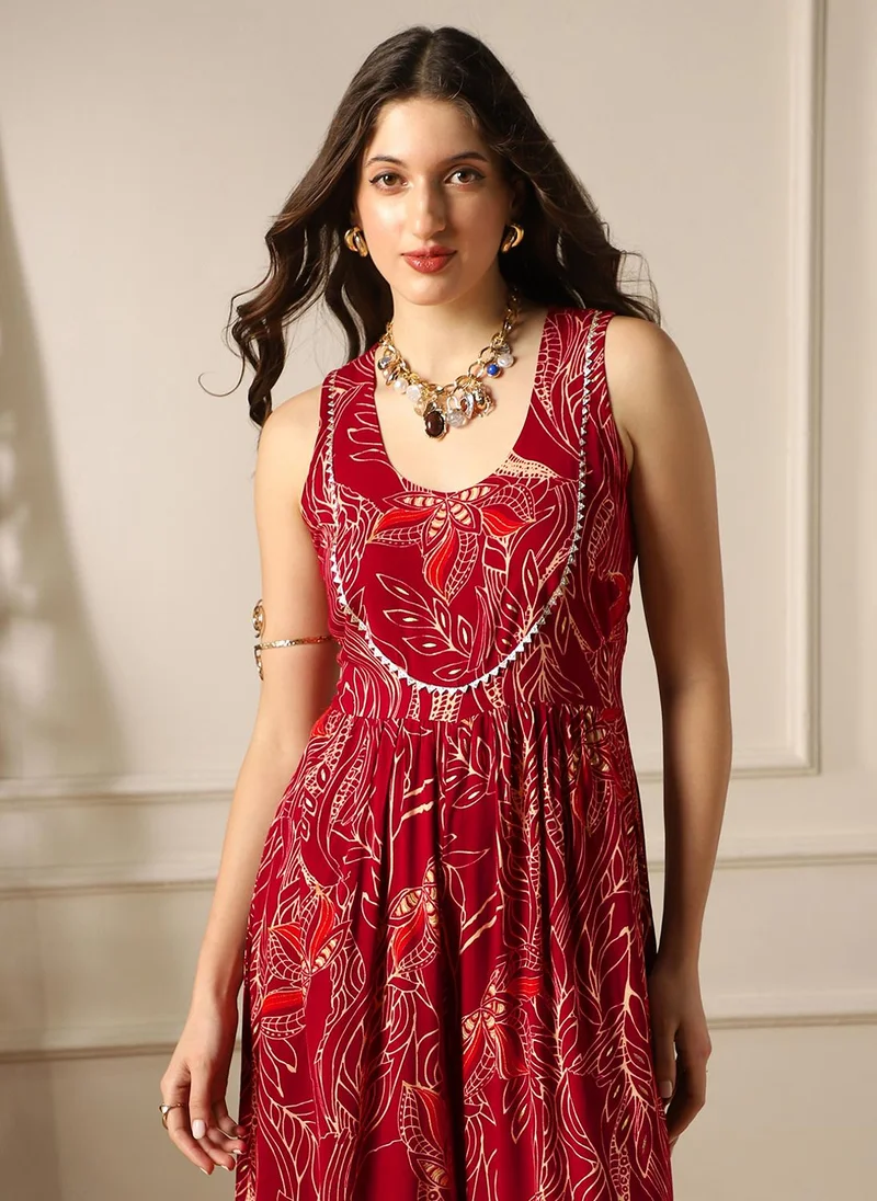 globus Globus Women Maroon Ethnic Print Round Neck Lace Detail Flared Wide Leg Fusion Jumpsuit