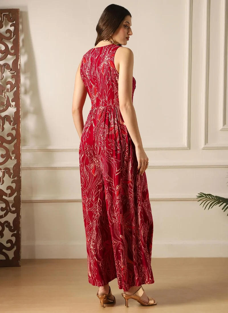 globus Globus Women Maroon Ethnic Print Round Neck Lace Detail Flared Wide Leg Fusion Jumpsuit