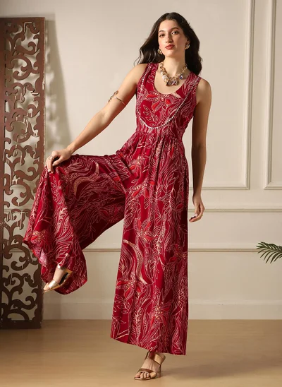 globus Globus Women Maroon Ethnic Print Round Neck Lace Detail Flared Wide Leg Fusion Jumpsuit