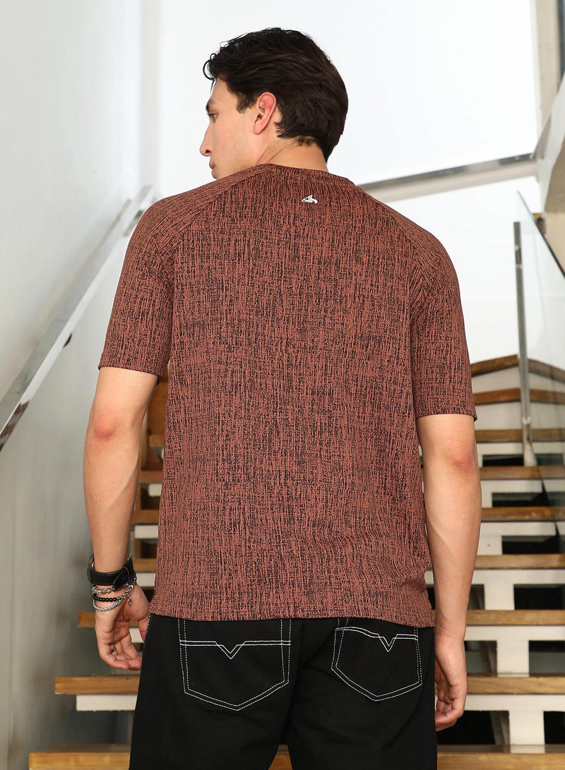 Campus Sutra Campus Sutra Men's Mousse Brown:Midnight Black Contrast-Heathered Knitted T-Shirt | Textured Knit V-Neck Half Sleeve Design | Breathable Cotton Blend & Modern Knit Fabric For Everyday Wear - Image 5