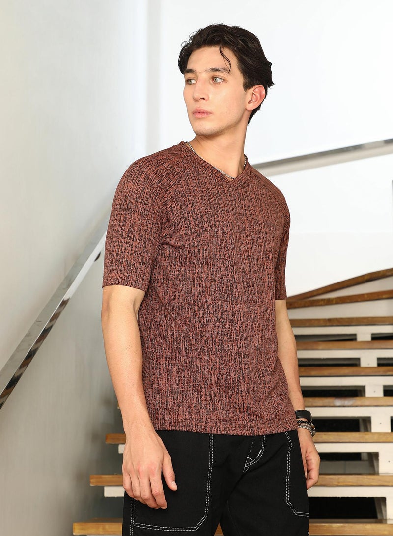 Campus Sutra Campus Sutra Men's Mousse Brown:Midnight Black Contrast-Heathered Knitted T-Shirt | Textured Knit V-Neck Half Sleeve Design | Breathable Cotton Blend & Modern Knit Fabric For Everyday Wear - Image 3