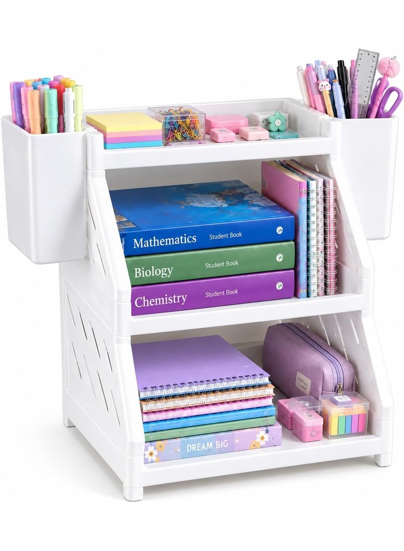 3-Tier Desk Organizer: Modern design, durable plastic, multi-layer structure with side holders and an open design; ideal for desk organization; white. - Image 1