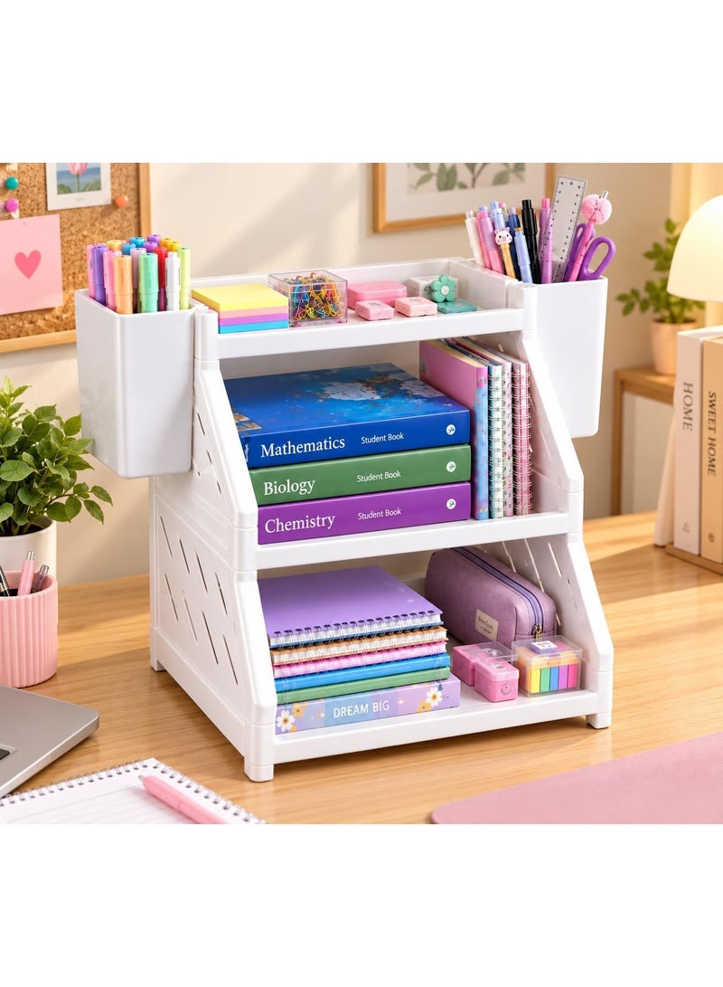 3-Tier Desk Organizer: Modern design, durable plastic, multi-layer structure with side holders and an open design; ideal for desk organization; white. - Image 3