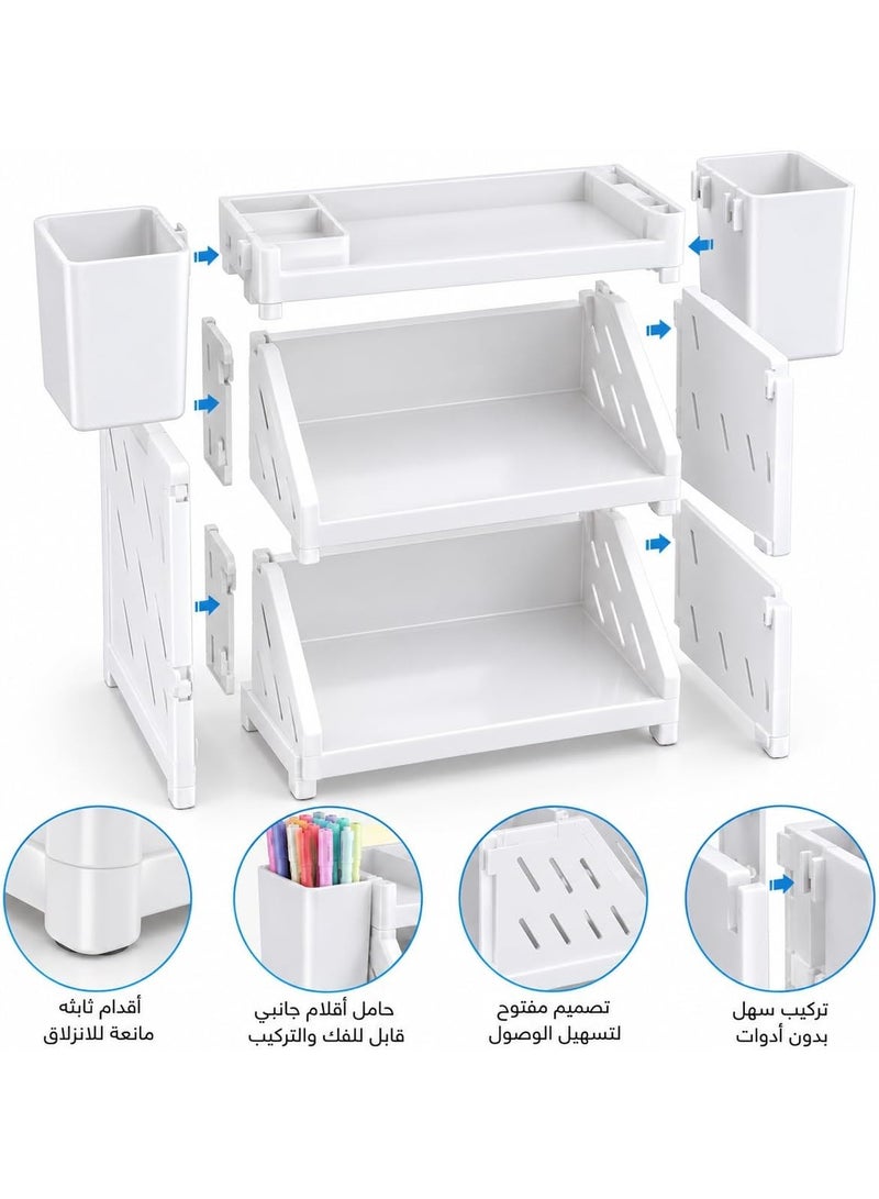3-Tier Desk Organizer: Modern design, durable plastic, multi-layer structure with side holders and an open design; ideal for desk organization; white. - Image 2