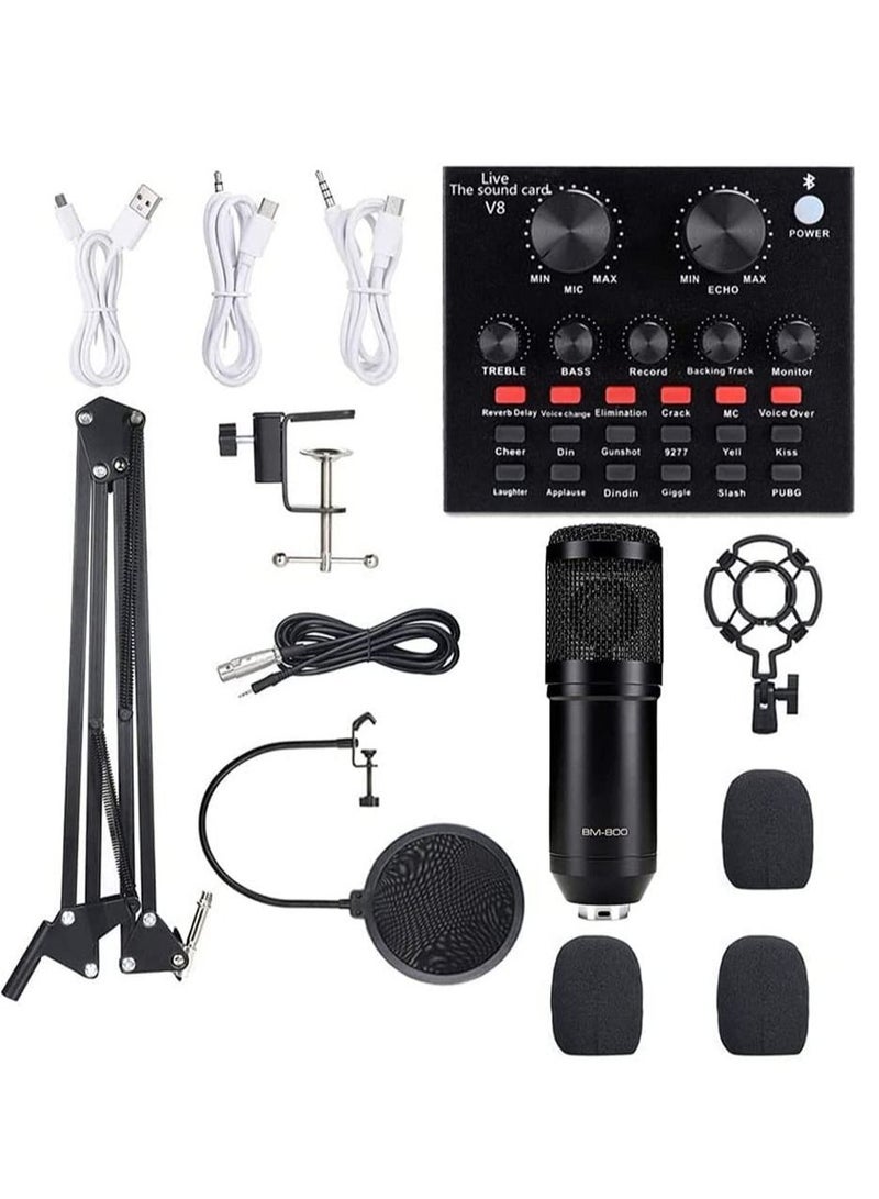 Podcast Equipment Set, BM-800 Mic Kit with V8 Live Sound Card, Condenser PC Gaming Mic with Professional Audio Mixer, Prefect for Streaming, Computer, Singing, Youtube, Recording (BLACK) - Image 1
