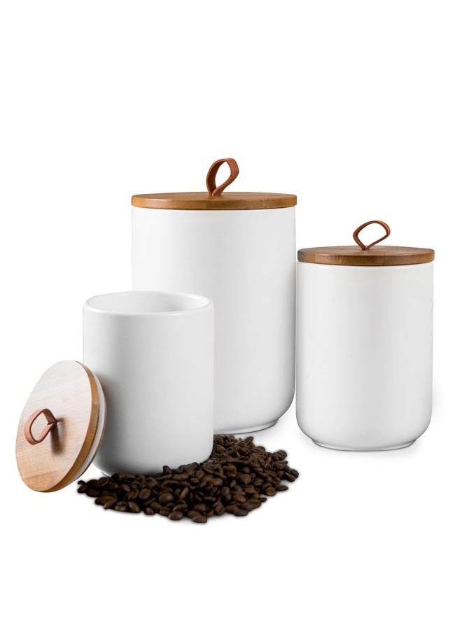 Tenforie White Canister Sets for Kitchen, 3pcs Ceramic Canisters with Airtight Wooden Lid, Food Storage Jar, Large Kitchen Storage Containers for Serving Coffee Beans, Tea, Sugar, Salt, Spices - Image 1