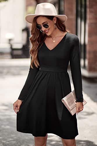 ULTRANICE Black Long Sleeve Dress Womens 2025 Trendy Spring Casual Wedding Guest Semi Formal Party Vavation Outfits Fashion Clothes V Neck Midi Dresses with Pockets(Black A,L) - Image 2