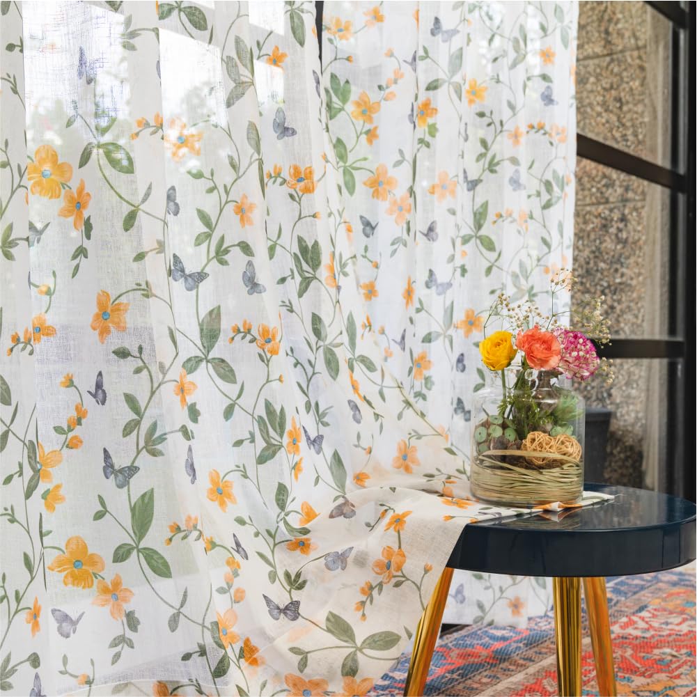 Urban Space Sheer Linen Curtains for Door 3540 Light Filtering Linen Textured Decorative Curtains with Eyelets and TieBack for Bedroom Set of 2 Curtains Door 7 ft x 4 ft Floral Yellow