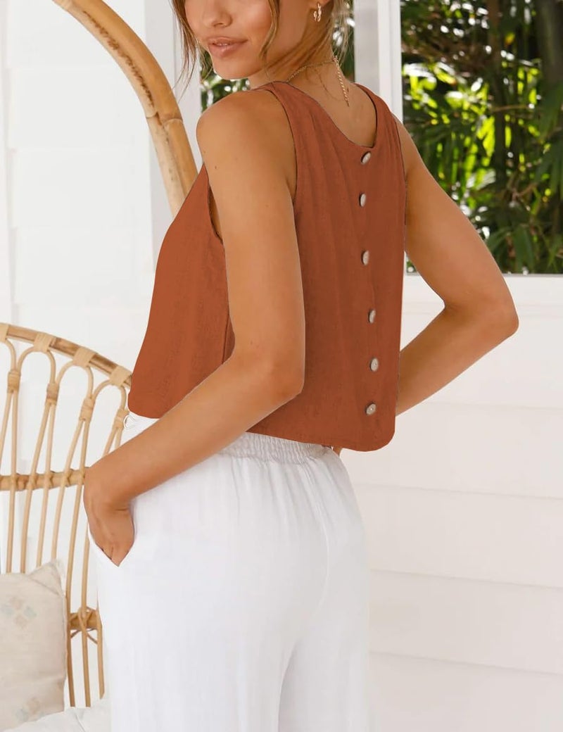 IDEALSANXUN Linen Tank Top for Women 2026 Spring Summer Beach High Neck Cute Y2k Petite Cropped Sleeveless Shirts Blouses Crop Cotton Linen Tops, Brick Red, M - Image 2