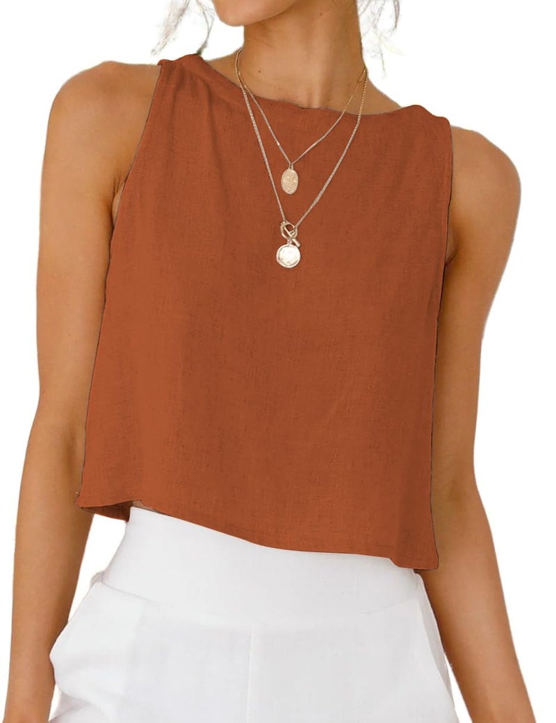 IDEALSANXUN Linen Tank Top for Women 2026 Spring Summer Beach High Neck Cute Y2k Petite Cropped Sleeveless Shirts Blouses Crop Cotton Linen Tops, Brick Red, M - Image 1