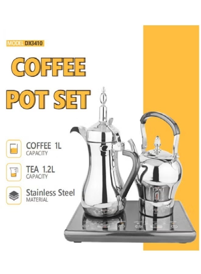 Denx DX3410 Coffee Pot Set, Stainless Steel Arabic Coffee & Tea Pot Set, 1L Coffee Pot and 1.2L Electric Tea Kettle, Automatic Heating Base, Modern Kitchen Beverage Set - Image 4