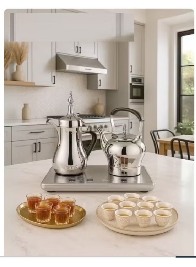 Denx DX3410 Coffee Pot Set, Stainless Steel Arabic Coffee & Tea Pot Set, 1L Coffee Pot and 1.2L Electric Tea Kettle, Automatic Heating Base, Modern Kitchen Beverage Set - Image 2