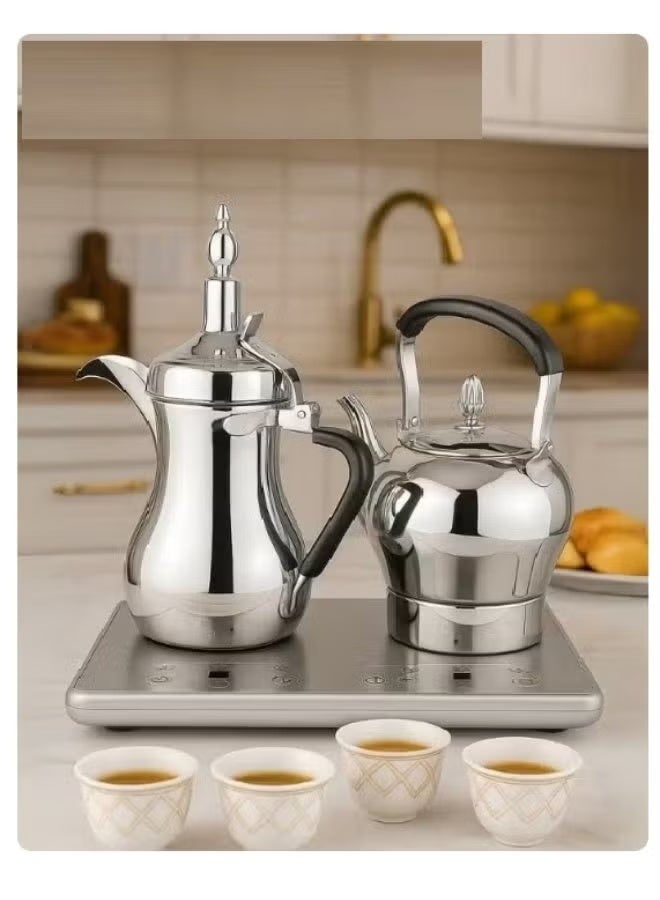 Denx DX3410 Coffee Pot Set, Stainless Steel Arabic Coffee & Tea Pot Set, 1L Coffee Pot and 1.2L Electric Tea Kettle, Automatic Heating Base, Modern Kitchen Beverage Set - Image 3