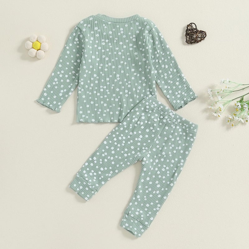 allshope Baby Girl Fall Clothes Set Floral Print Long Sleeve Tops Pants Cute Infant Toddler Outfits 6 12 18 24 Months 2T (Floral Green, 12-18 Months) - Image 3