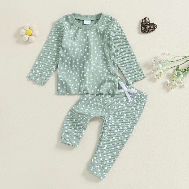 allshope Baby Girl Fall Clothes Set Floral Print Long Sleeve Tops Pants Cute Infant Toddler Outfits 6 12 18 24 Months 2T (Floral Green, 12-18 Months) - Image 2