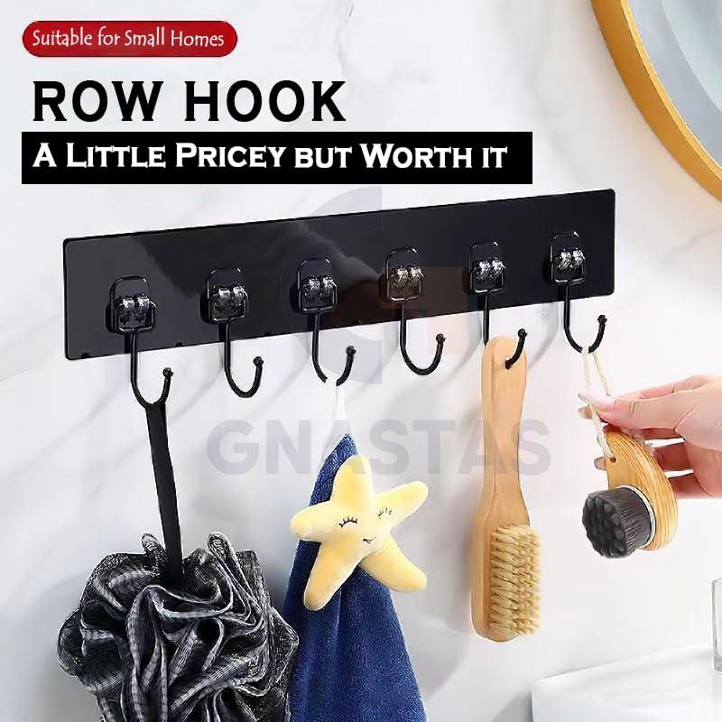 GNASTAS Wall Hook Hanger with 6 Hooks | Heavy Duty Wall Mounted Adhesive Hook Rack for Kitchen, Bathroom, Bedroom & Office | Multipurpose Organizer for Coats, Towels, Keys 1pc (Black) - Image 2