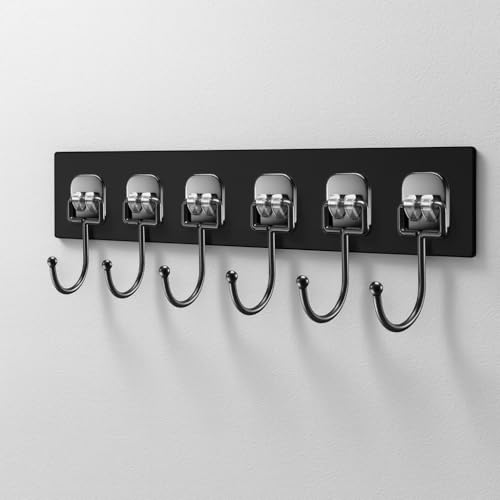 GNASTAS Wall Hook Hanger with 6 Hooks | Heavy Duty Wall Mounted Adhesive Hook Rack for Kitchen, Bathroom, Bedroom & Office | Multipurpose Organizer for Coats, Towels, Keys 1pc (Black) - Image 1