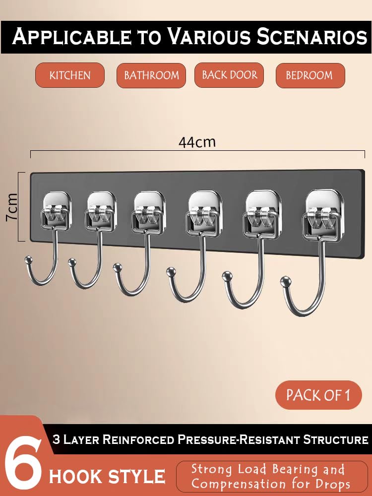 GNASTAS Wall Hook Hanger with 6 Hooks | Heavy Duty Wall Mounted Adhesive Hook Rack for Kitchen, Bathroom, Bedroom & Office | Multipurpose Organizer for Coats, Towels, Keys 1pc (Black) - Image 4