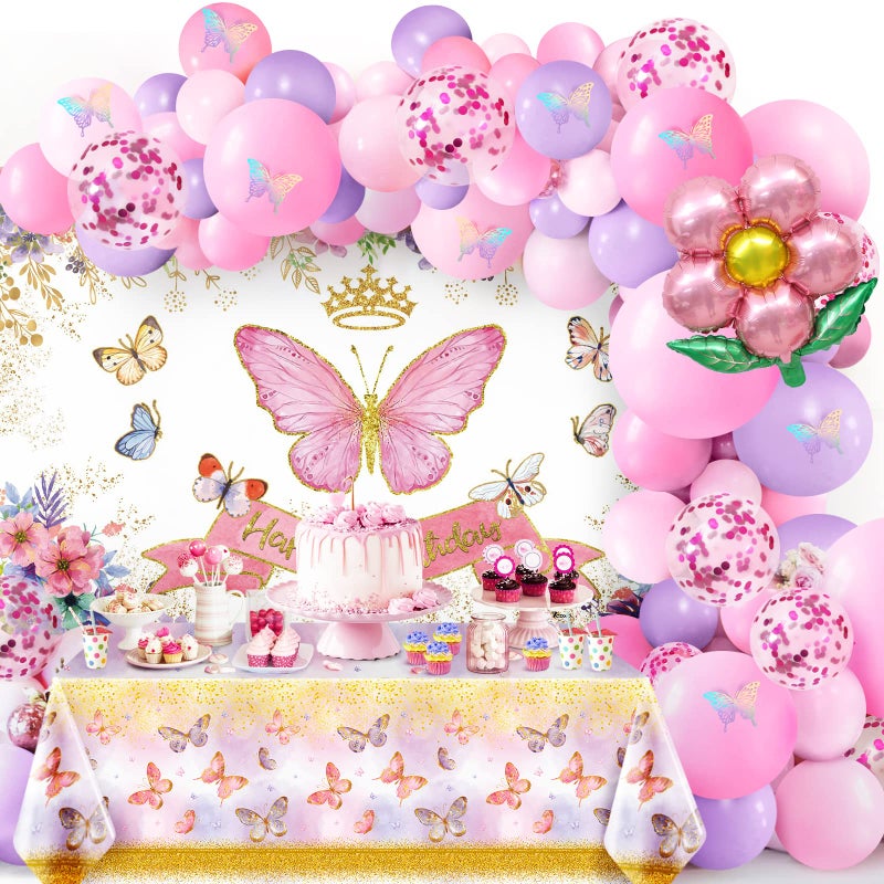 7CDXD Butterfly Theme Party Decorations, Butterfly Birthday Decorations with Pink Purple Balloon Arch Kit Butterfly Photography Backdrop Banner and Tablecloth for Girls Women Birthday Party Decor - Image 1