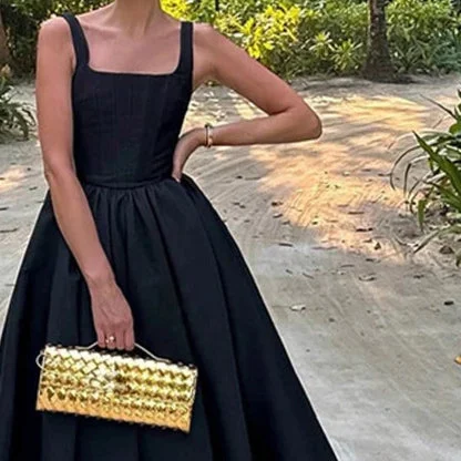 OUTZIDR Black Square Neck Fit And Flare Maxi Dress