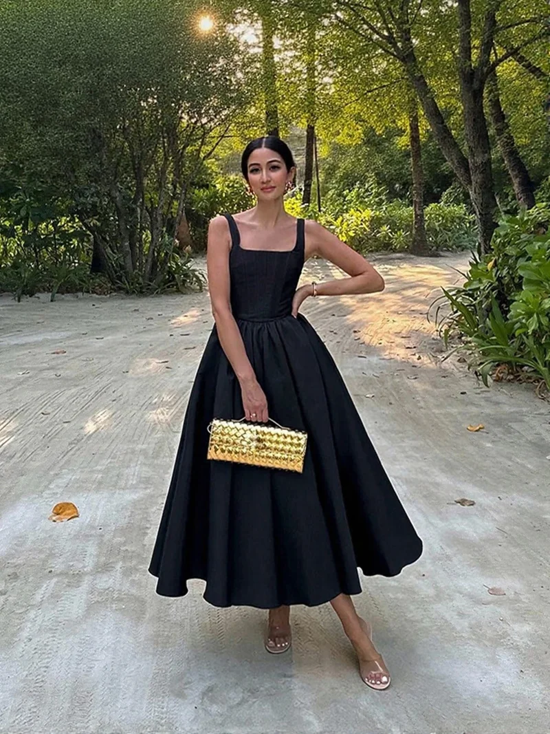 OUTZIDR Black Square Neck Fit And Flare Maxi Dress