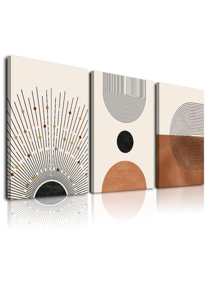 RATSAW Set of 3 Framed Canvas Wall Art, 30x40 cm, Abstract Boho Neutral Beige Brown Sun Geometry Black Line Art, Modern Home Living Room Office Decor - Image 2