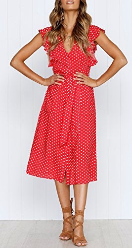 MITILLY Women's Boho Polka Dot Flutter Short Sleeve V Neck Button Down Swing Midi Dress with Pockets Medium Red - Image 5