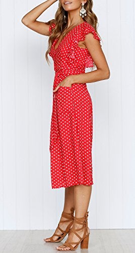MITILLY Women's Boho Polka Dot Flutter Short Sleeve V Neck Button Down Swing Midi Dress with Pockets Medium Red - Image 4