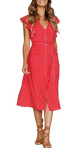 MITILLY Women's Boho Polka Dot Flutter Short Sleeve V Neck Button Down Swing Midi Dress with Pockets Medium Red - Image 2