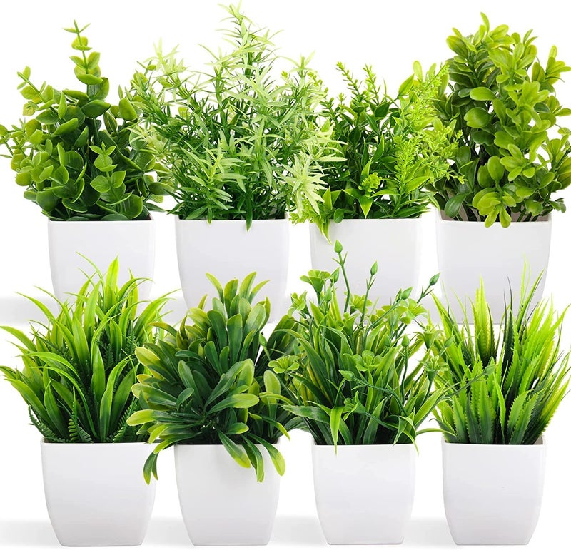 Litleo Plastic Artificial Plants Fake Potted Plants, Eucalyptus Potted Faux Decorative Grass Plant With White Pot For Home Decor, Indoor, Office, Desk, Shelf, Table Decoration (8 Small) - Image 1
