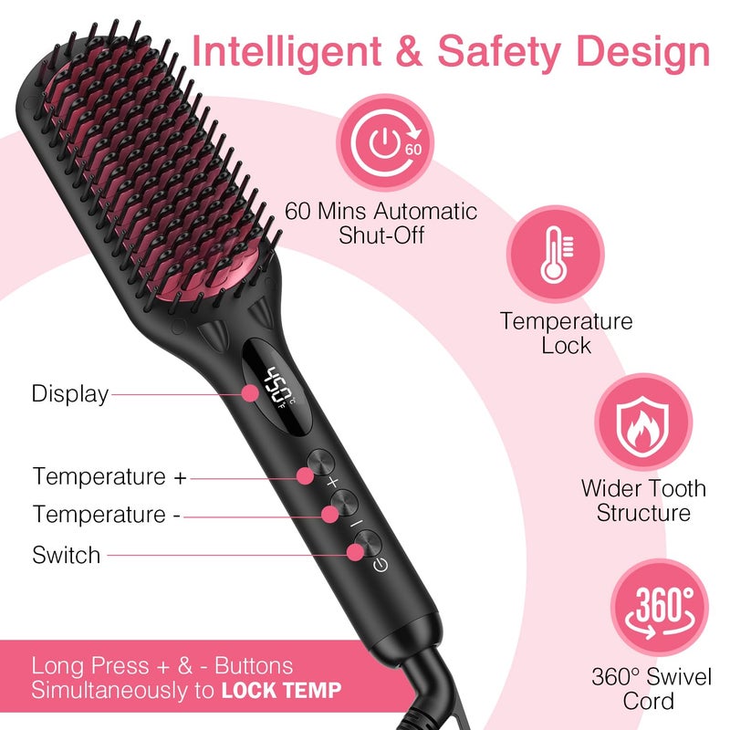 miropure Enhanced Ceramic Hair Straightener Brush by MiroPure, 2-in-1 Ionic Straightening Brush with Anti-Scald Feature, Auto Temperature Lock & Auto-Off Function (Black) - Image 2