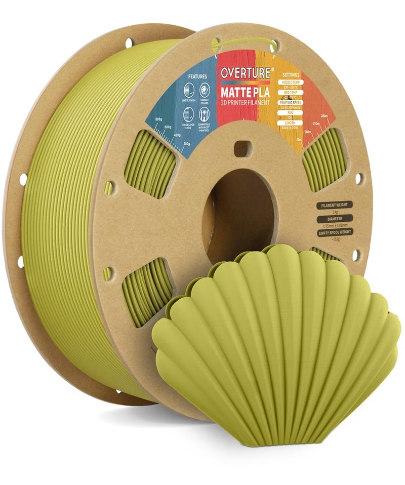 OVERTURE Matte PLA 3D Printer Filament 1.75mm, Matt Surface & Low Warping Filament 1kg Spool (2.2 lbs), Accuracy +/- 0.02 mm, Fit Most FDM Printers (Matte Bamboo Green) - Image 1