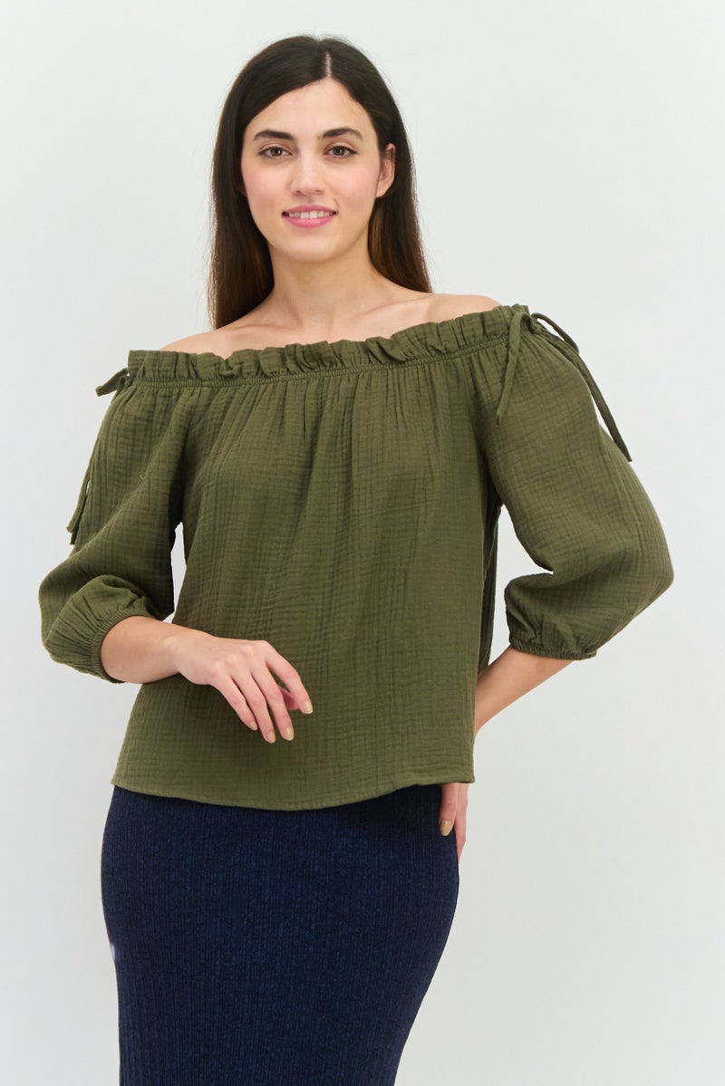 ONLY Women Off Shoulder Neck 3/4 Sleeves Textured Blouse, Olive - Image 1