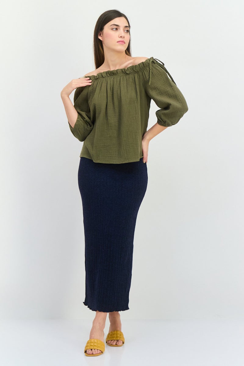 ONLY Women Off Shoulder Neck 3/4 Sleeves Textured Blouse, Olive - Image 4