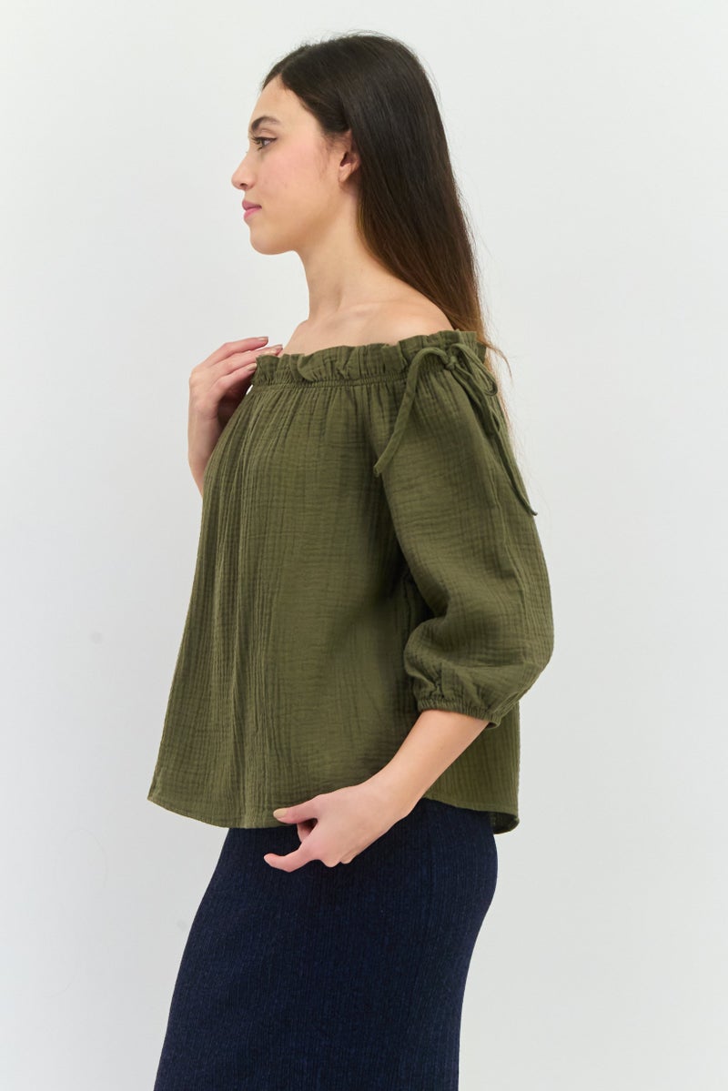 ONLY Women Off Shoulder Neck 3/4 Sleeves Textured Blouse, Olive - Image 2
